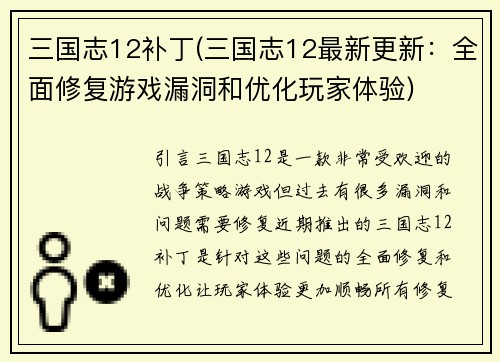 三国志12补丁(三国志12最新更新：全面修复游戏漏洞和优化玩家体验)